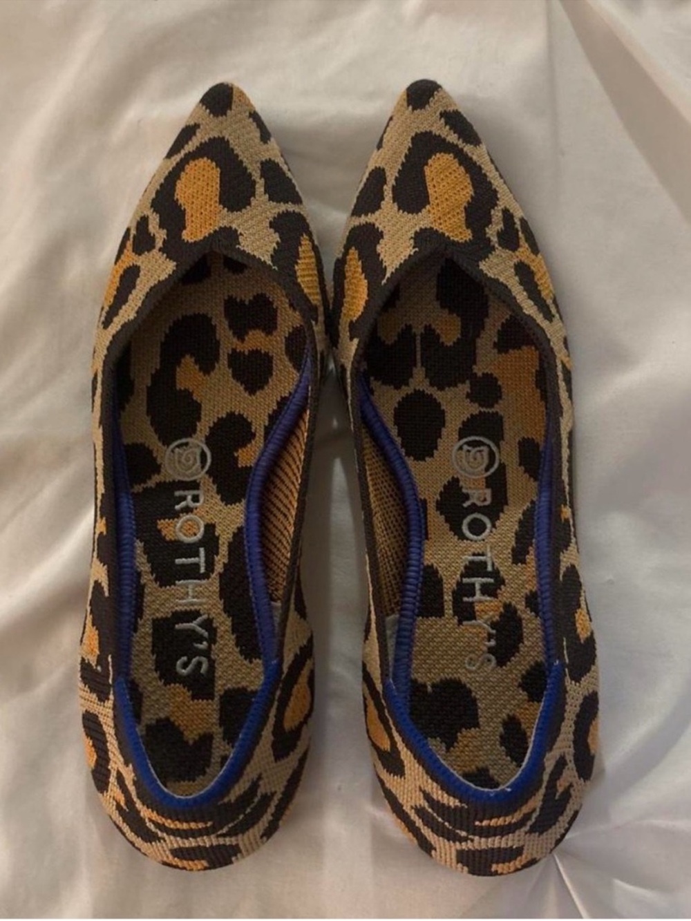 Rothy's Leopard Print Pointed Knit Flats in Tan, Black, Gold